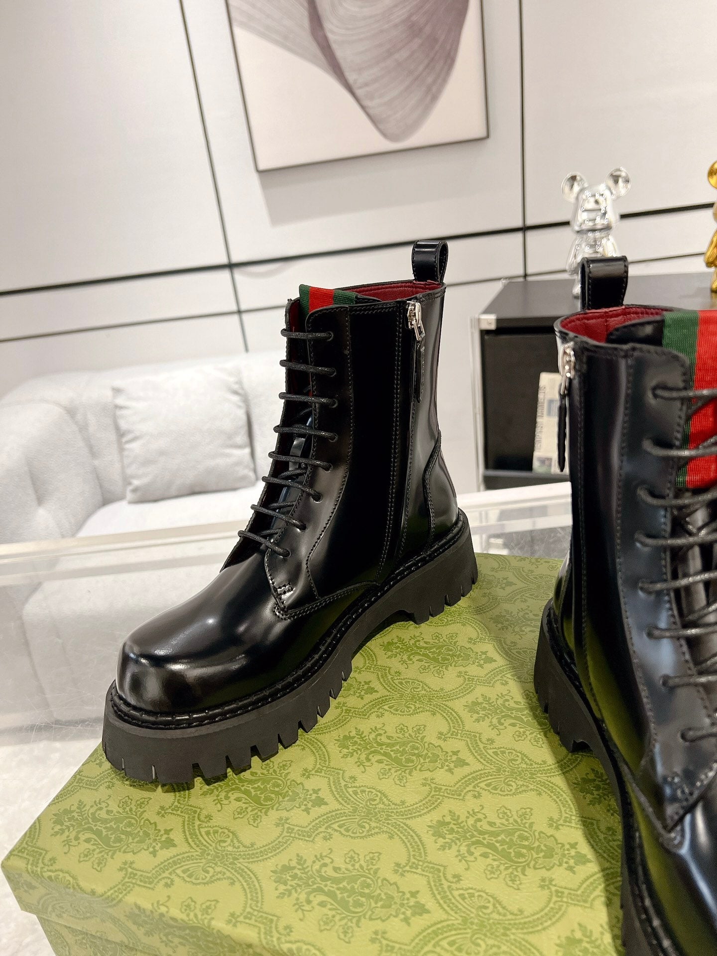 GUCCI WEB ANKLE BOOTS IN BLACK CALFSKIN