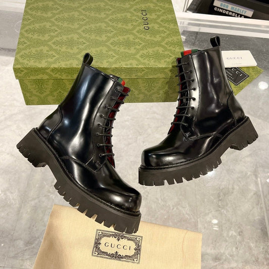 GUCCI WEB ANKLE BOOTS IN BLACK CALFSKIN