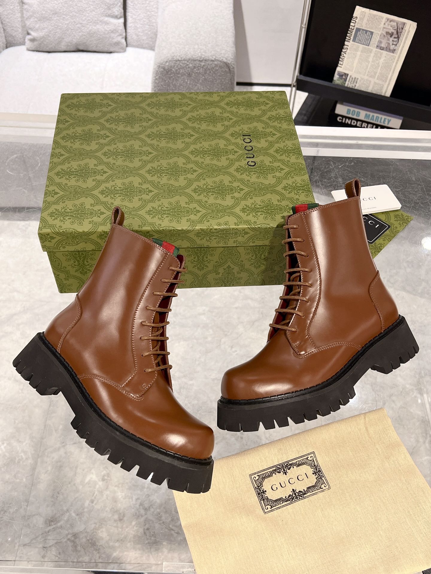 GUCCI WEB ANKLE BOOTS IN CINNAMON BROWN CALFSKIN
