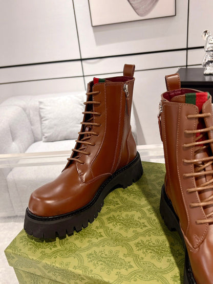 GUCCI WEB ANKLE BOOTS IN CINNAMON BROWN CALFSKIN