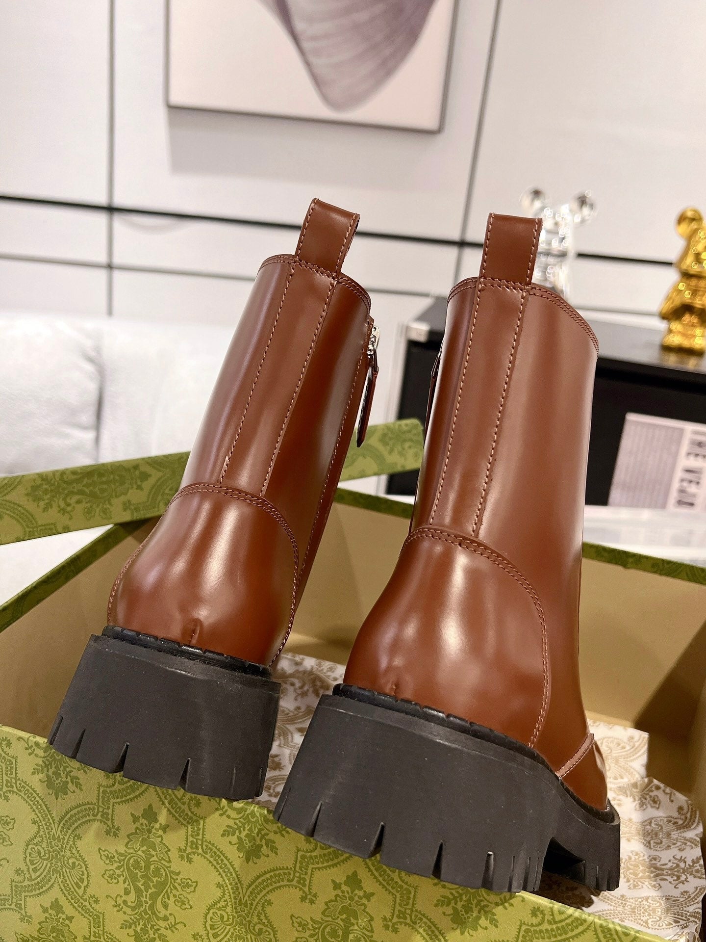 GUCCI WEB ANKLE BOOTS IN CINNAMON BROWN CALFSKIN