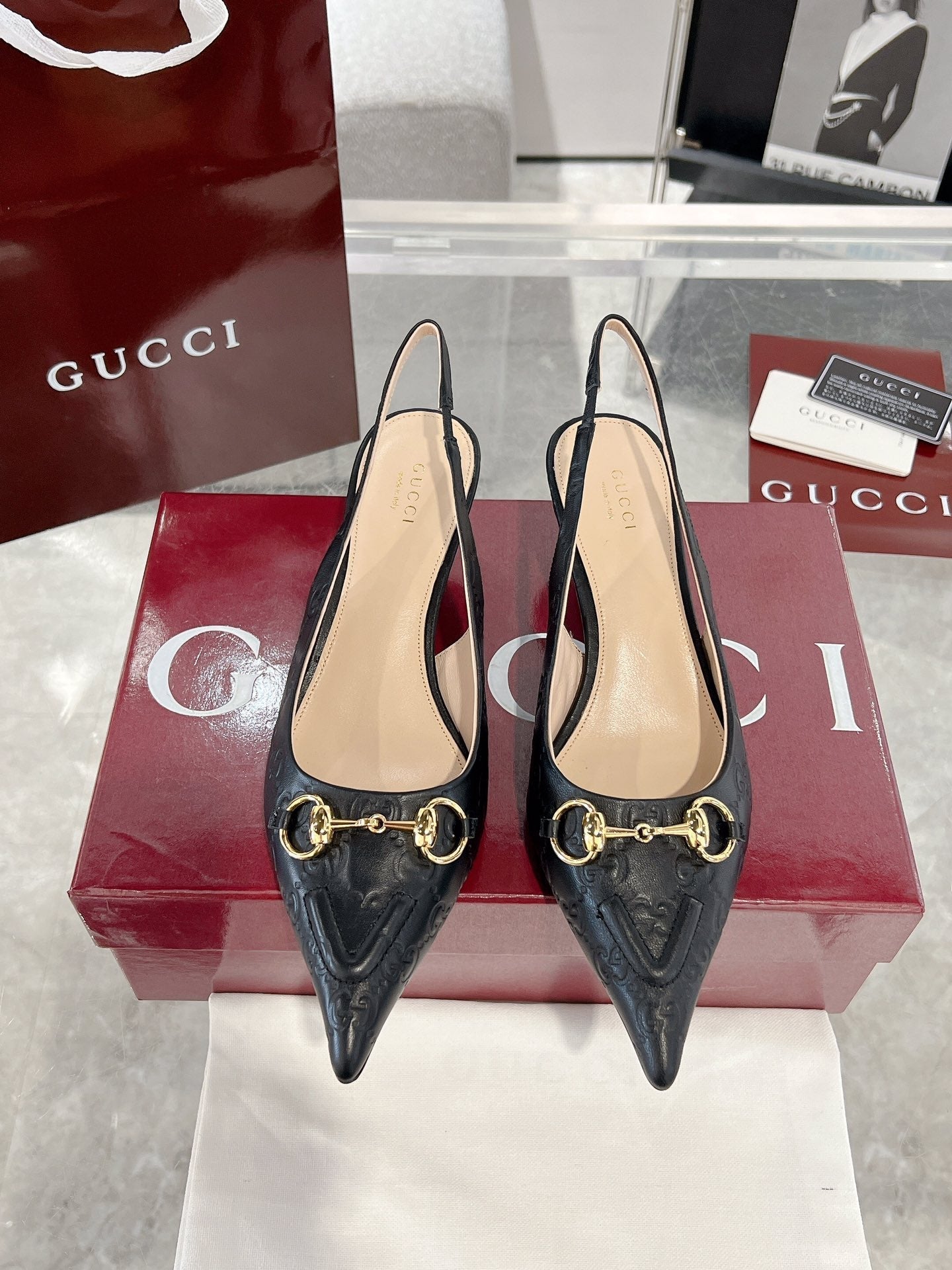 GUCCI MID-HIGH SLINGBACK 4.5 CM IN BLACK GLOSSY EMBOSSED SUEDE AND SHEEPSKIN LINING