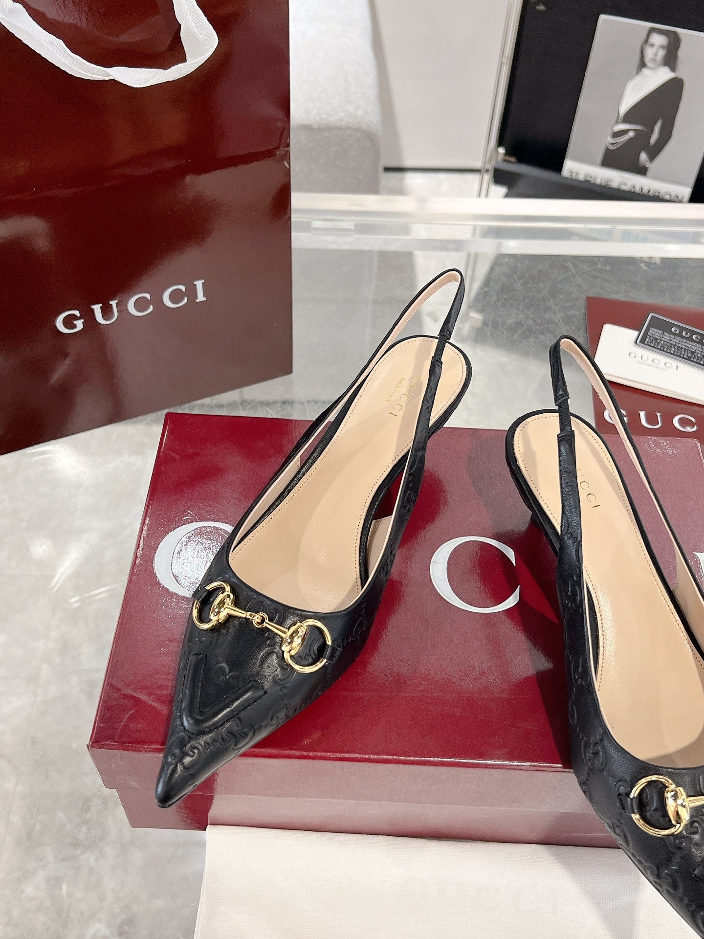 GUCCI MID-HIGH SLINGBACK 4.5 CM IN BLACK GLOSSY EMBOSSED SUEDE AND SHEEPSKIN LINING