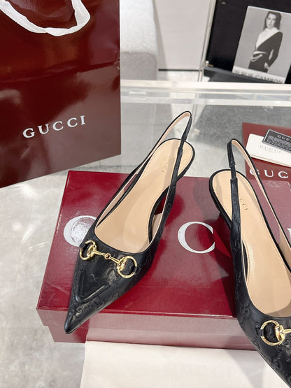 GUCCI MID-HIGH SLINGBACK 4.5 CM IN BLACK GLOSSY EMBOSSED SUEDE AND SHEEPSKIN LINING