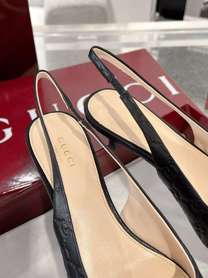 GUCCI MID-HIGH SLINGBACK 4.5 CM IN BLACK GLOSSY EMBOSSED SUEDE AND SHEEPSKIN LINING