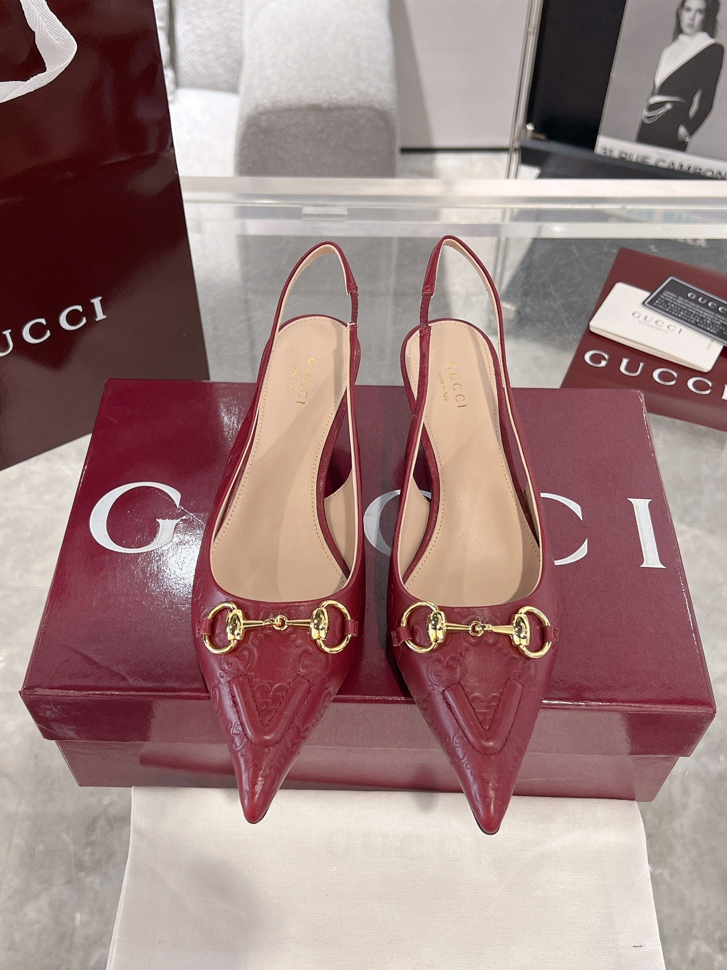 GUCCI MID-HIGH SLINGBACK 4.5 CM IN WINE RED GLOSSY EMBOSSED SUEDE AND SHEEPSKIN LINING