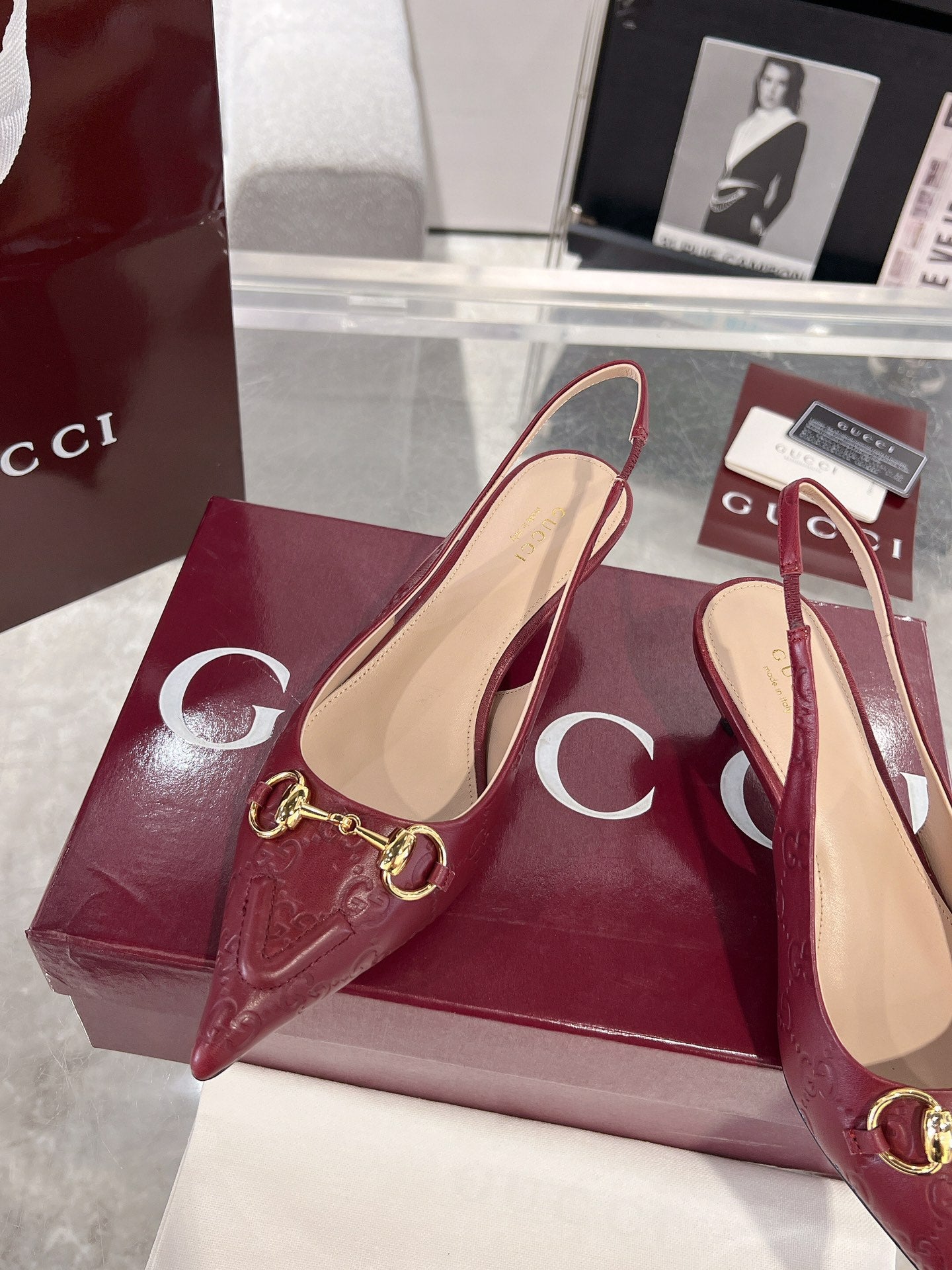 GUCCI MID-HIGH SLINGBACK 4.5 CM IN WINE RED GLOSSY EMBOSSED SUEDE AND SHEEPSKIN LINING