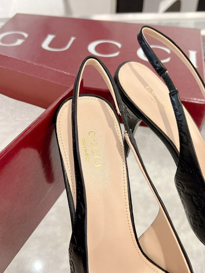 GUCCI HIGH SLINGBACK 10.5 CM IN BLACK GLOSSY EMBOSSED SUEDE AND SHEEPSKIN LINING