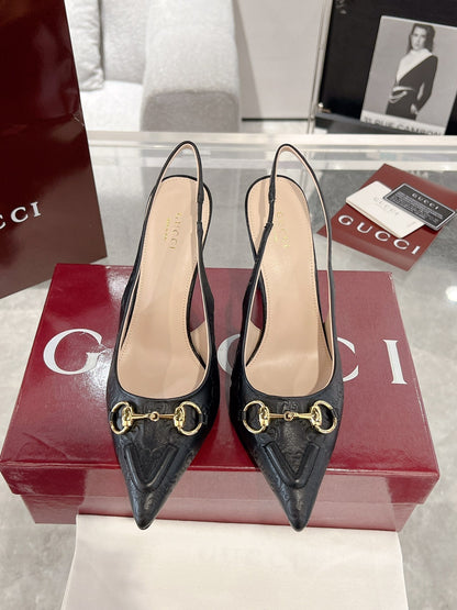 GUCCI HIGH SLINGBACK 10.5 CM IN BLACK GLOSSY EMBOSSED SUEDE AND SHEEPSKIN LINING