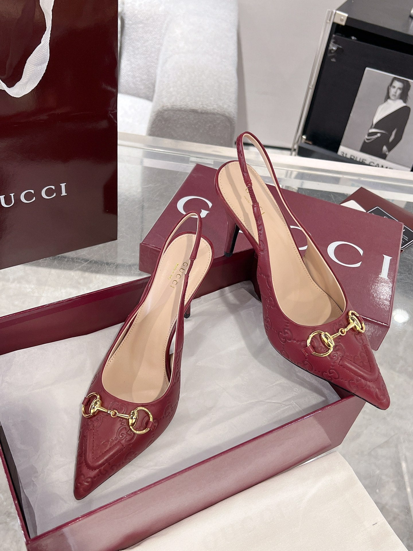 GUCCI HIGH SLINGBACK 10.5 CM IN WINE RED GLOSSY EMBOSSED SUEDE AND SHEEPSKIN LINING