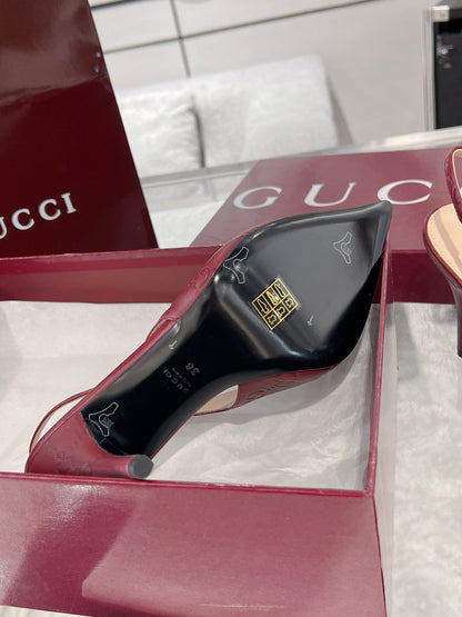 GUCCI HIGH SLINGBACK 10.5 CM IN WINE RED GLOSSY EMBOSSED SUEDE AND SHEEPSKIN LINING
