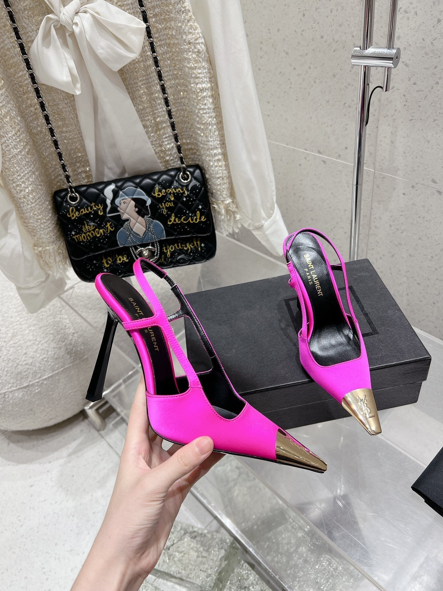 LOUIS VUITTON HIGH HEEL 10 CM SLINGBACK IN BRIGHT PINK CALFSKIN WITH GOLD HARDWARE
