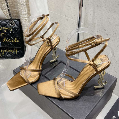 LOUIS VUITTON HIGH-HEEL 85 MM SANDAL MULE IN METALLIC GOLD SILK