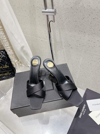 LOUIS VUITTON OPYUM HIGH MULES 85 MM IN BLACK SATIN CREPE