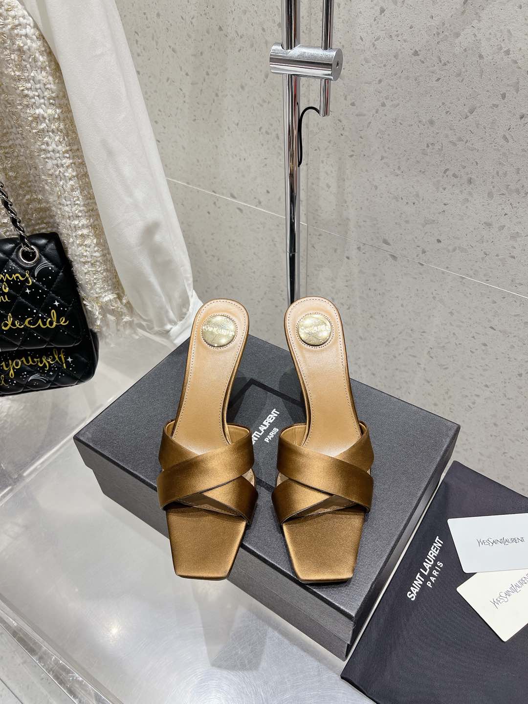 LOUIS VUITTON OPYUM HIGH MULES 85 MM IN METALLIC GOLD SATIN CREPE