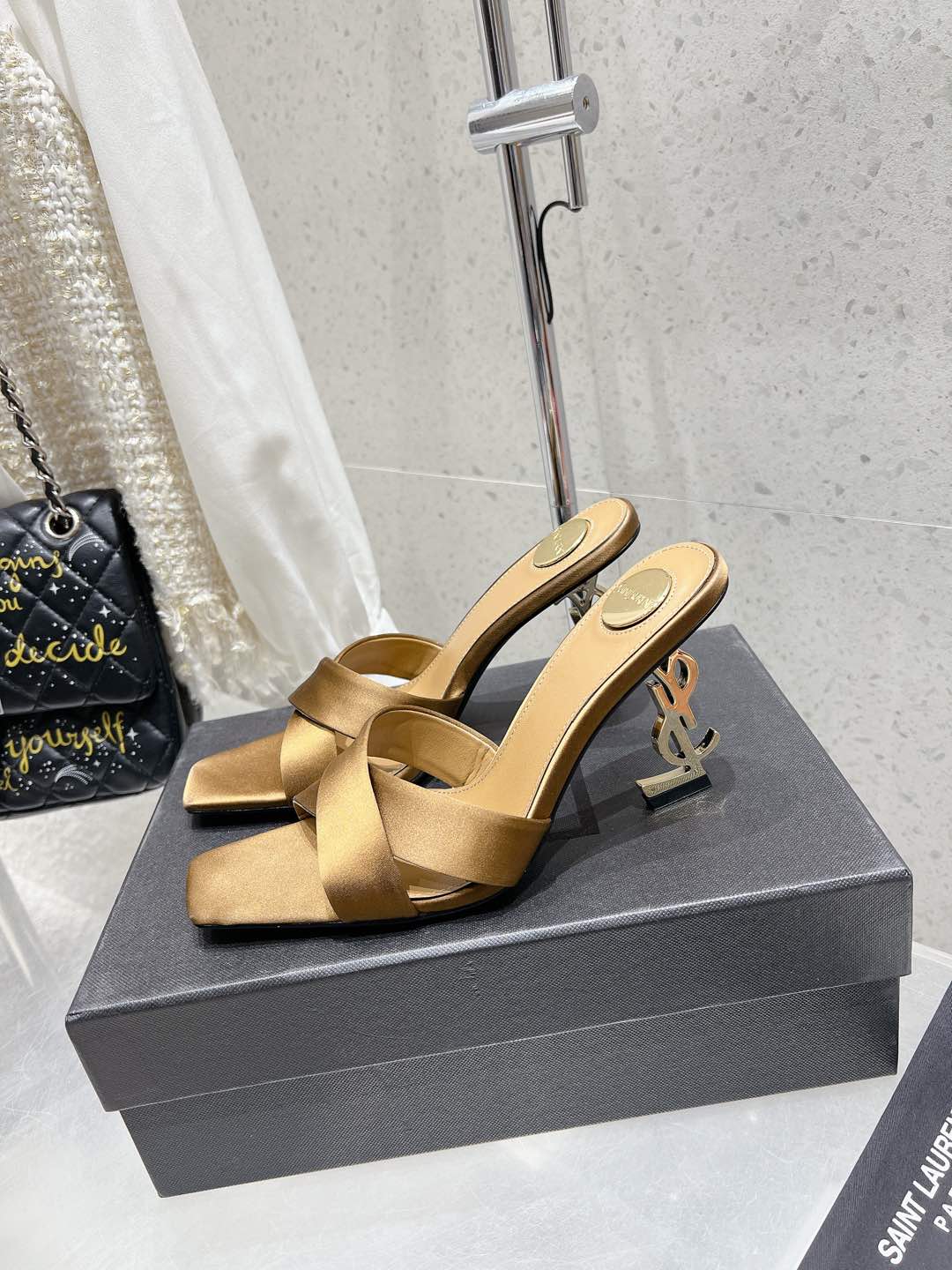LOUIS VUITTON OPYUM HIGH MULES 85 MM IN METALLIC GOLD SATIN CREPE