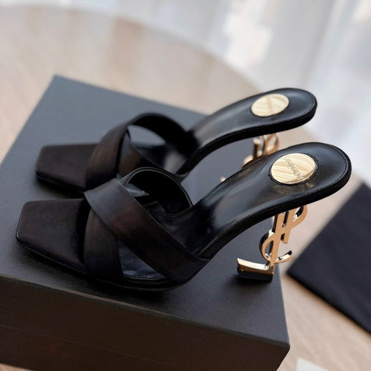 LOUIS VUITTON OPYUM OPEN TOE HIGH 10 CM MULES IN BLACK CALFSKIN