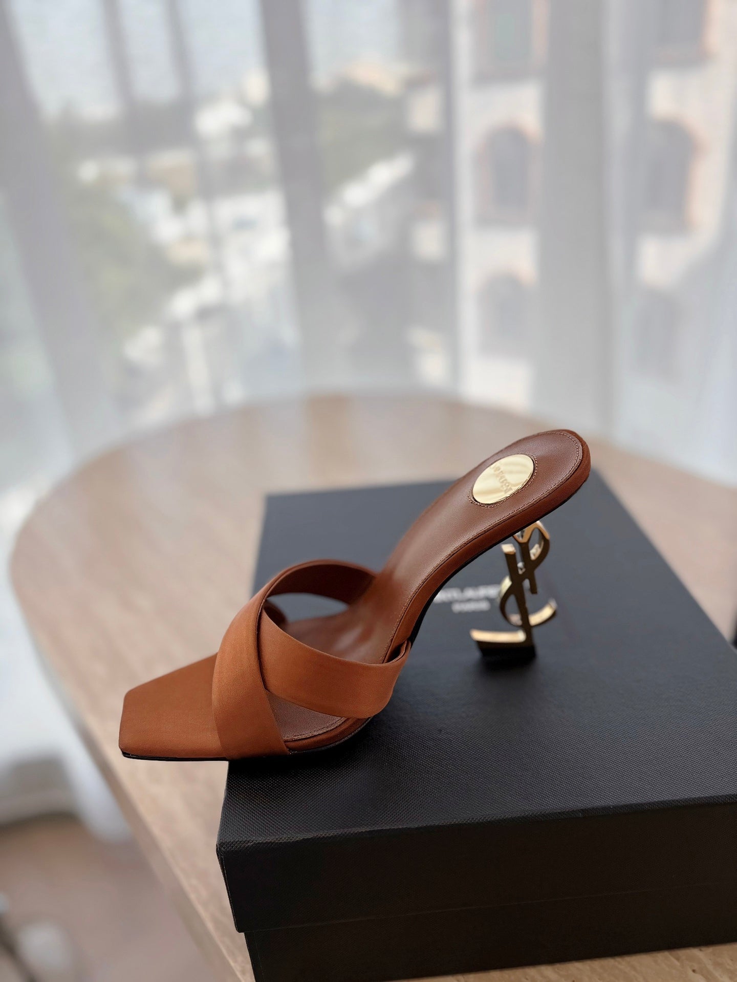 LOUIS VUITTON OPYUM OPEN TOE HIGH 10 CM MULES IN BRONZE BROWN CALFSKIN