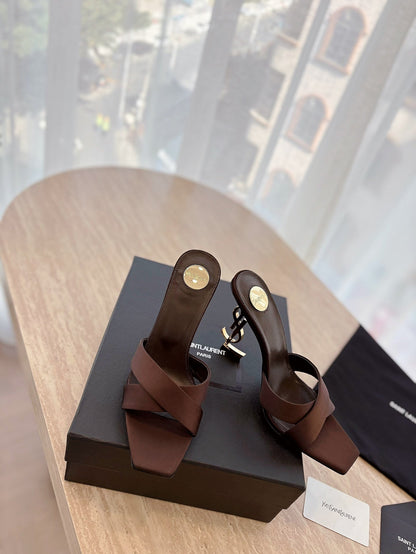LOUIS VUITTON OPYUM OPEN TOE HIGH 10 CM MULES IN CHOCOLATE BROWN CALFSKIN