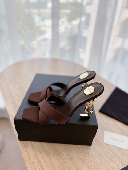 LOUIS VUITTON OPYUM OPEN TOE HIGH 10 CM MULES IN CHOCOLATE BROWN CALFSKIN