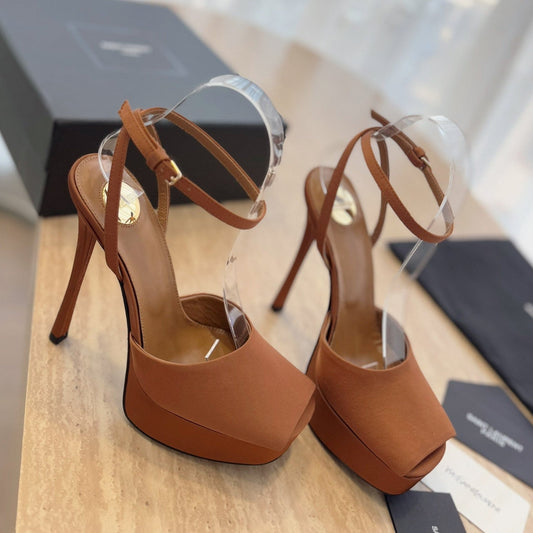 LOUIS VUITTON LA SCANDALE HIGH 14 CM PLATFORM SANDALS IN BRONZE BROWN SATIN CREPE