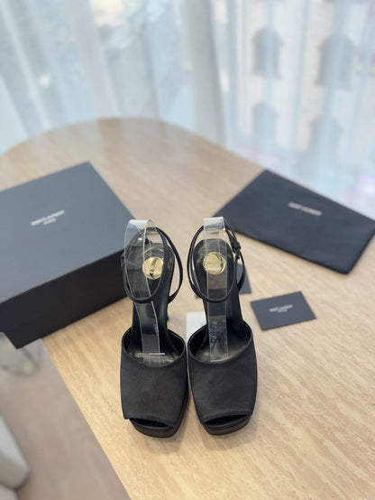 LOUIS VUITTON LA SCANDALE HIGH 14 CM PLATFORM SANDALS IN BLACK SATIN CREPE