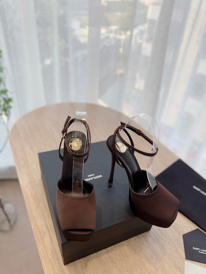 LOUIS VUITTON LA SCANDALE HIGH 14 CM PLATFORM SANDALS IN CHOCOLATE BROWN SATIN CREPE