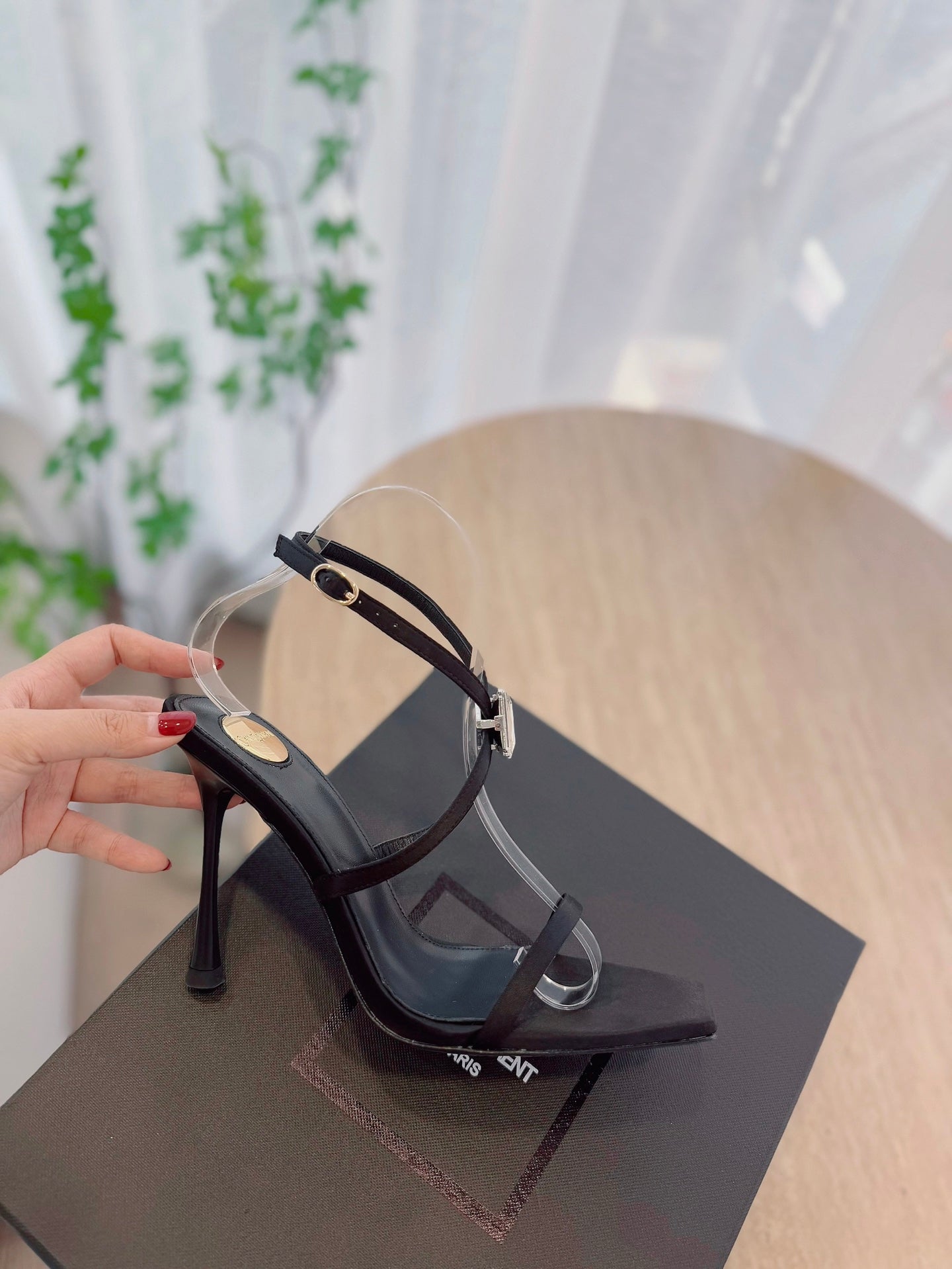 LOUIS VUITTON HIGH HEEL SANDAL 10 CM IN BLACK SATIN CREPE AND CRYSTAL