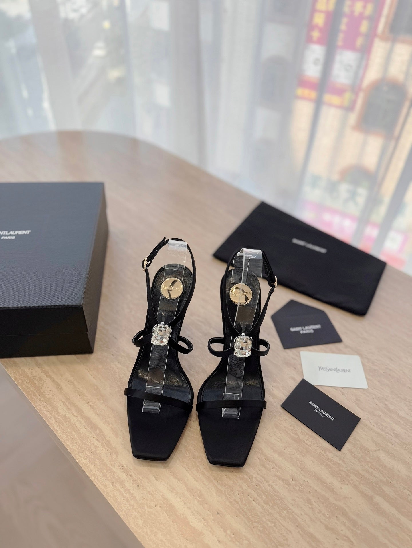 LOUIS VUITTON HIGH HEEL SANDAL 10 CM IN BLACK SATIN CREPE AND CRYSTAL