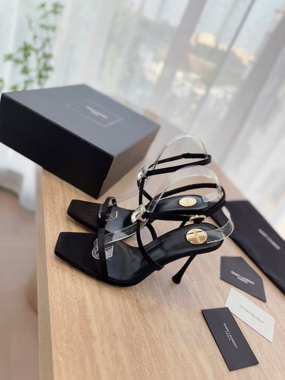 LOUIS VUITTON HIGH HEEL SANDAL 10 CM IN BLACK SATIN CREPE AND CRYSTAL