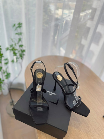 LOUIS VUITTON HIGH HEEL SANDAL 10 CM IN BLACK SATIN CREPE AND CRYSTAL