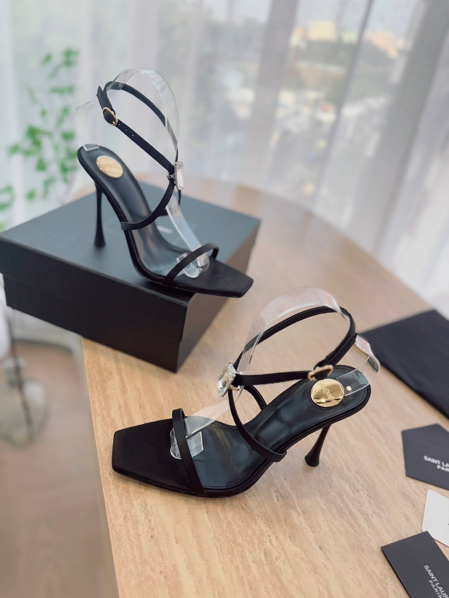 LOUIS VUITTON HIGH HEEL SANDAL 10 CM IN BLACK SATIN CREPE AND CRYSTAL