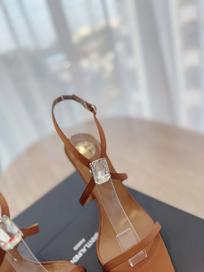 LOUIS VUITTON HIGH HEEL SANDAL 10 CM IN BRONZE BROWN SATIN CREPE AND CRYSTAL