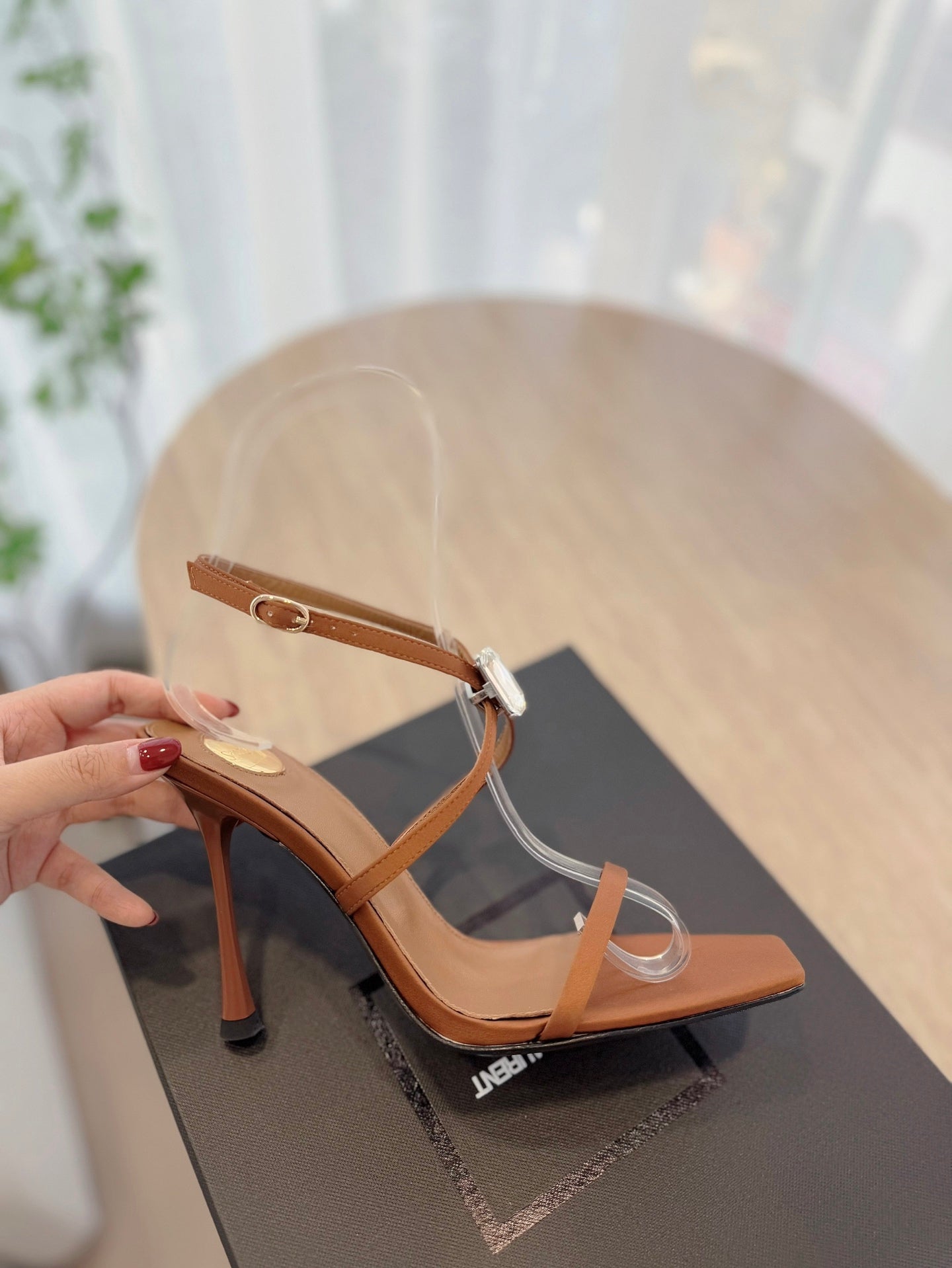 LOUIS VUITTON HIGH HEEL SANDAL 10 CM IN BRONZE BROWN SATIN CREPE AND CRYSTAL