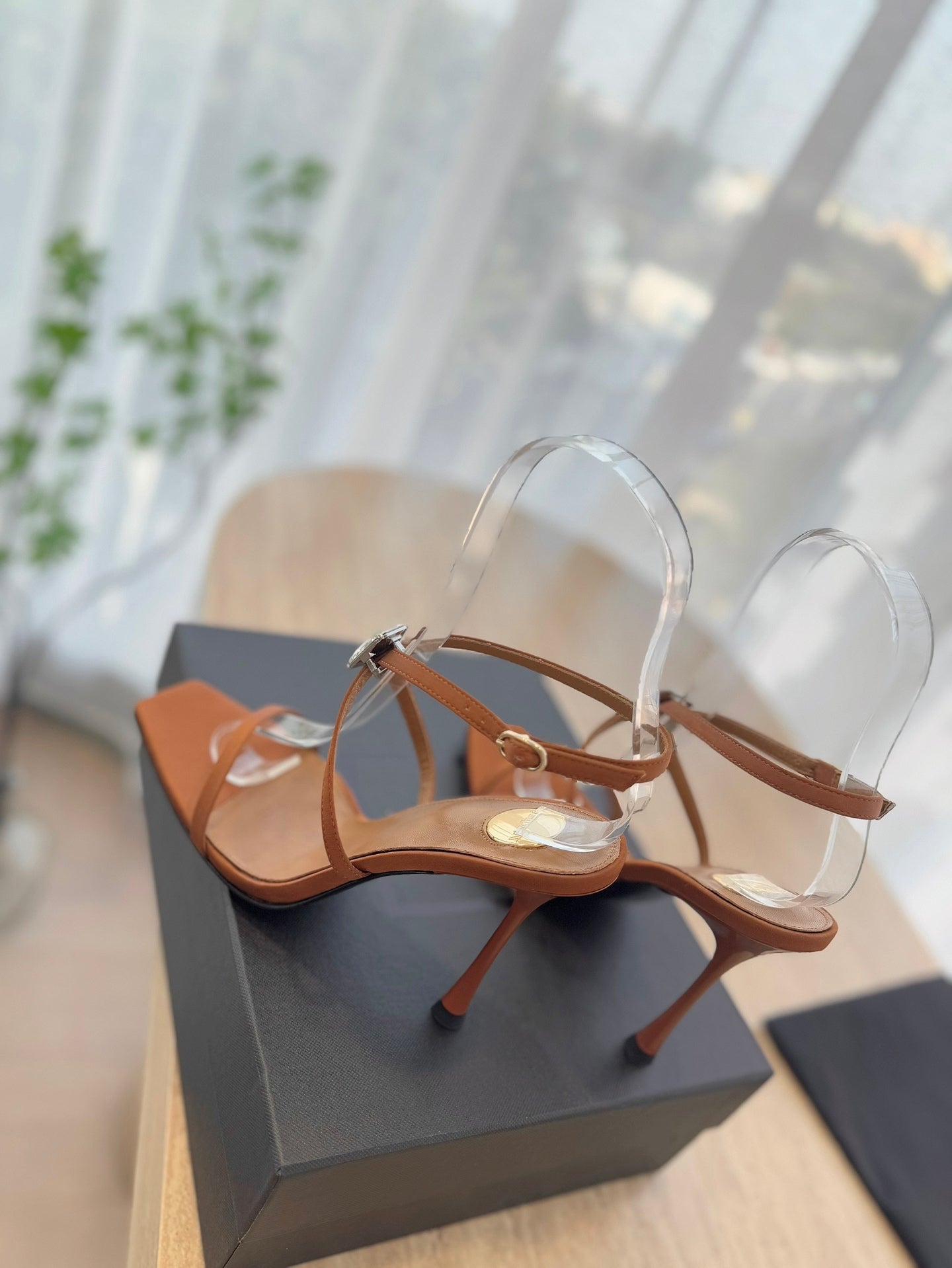LOUIS VUITTON HIGH HEEL SANDAL 10 CM IN BRONZE BROWN SATIN CREPE AND CRYSTAL