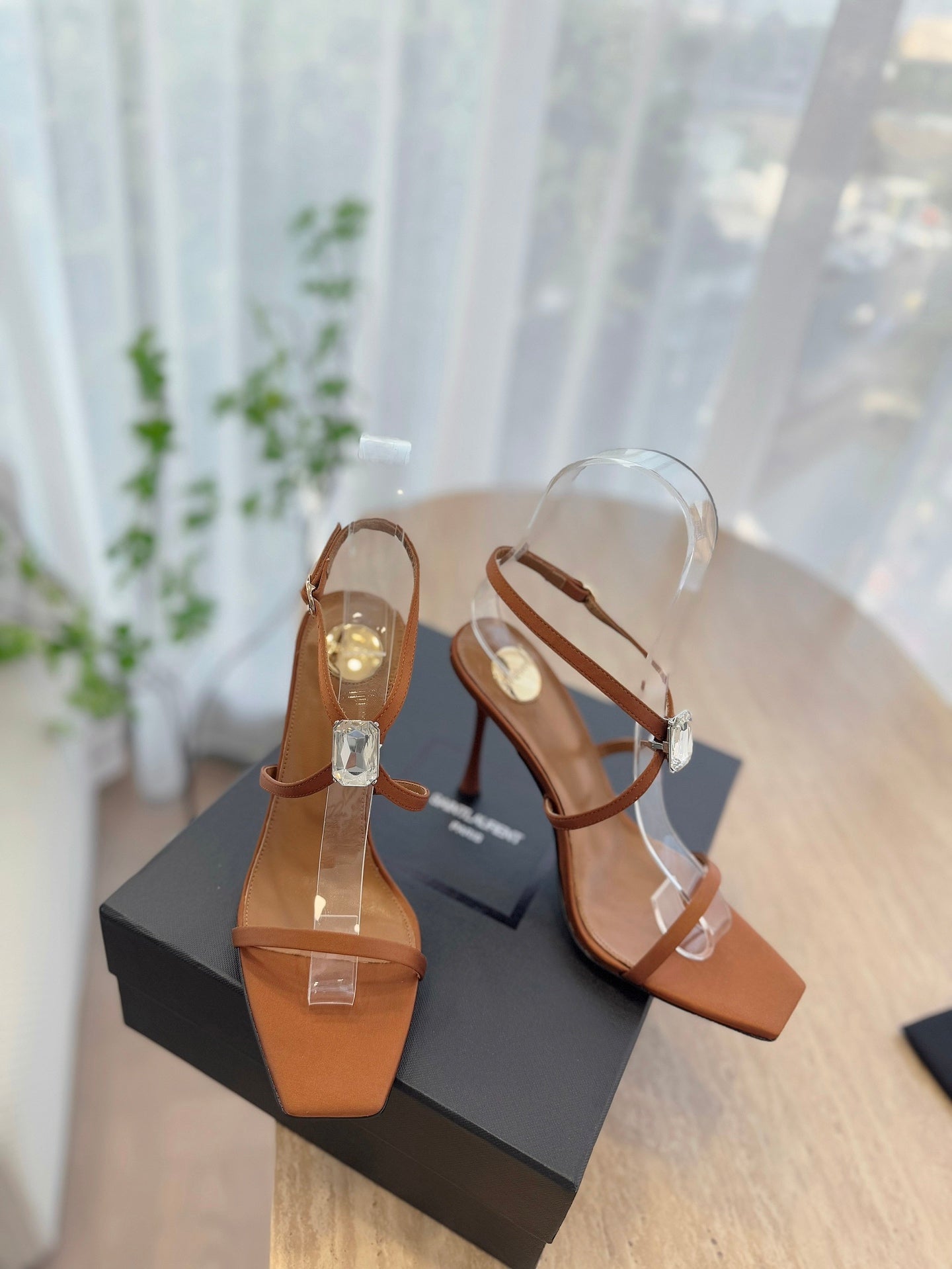 LOUIS VUITTON HIGH HEEL SANDAL 10 CM IN BRONZE BROWN SATIN CREPE AND CRYSTAL