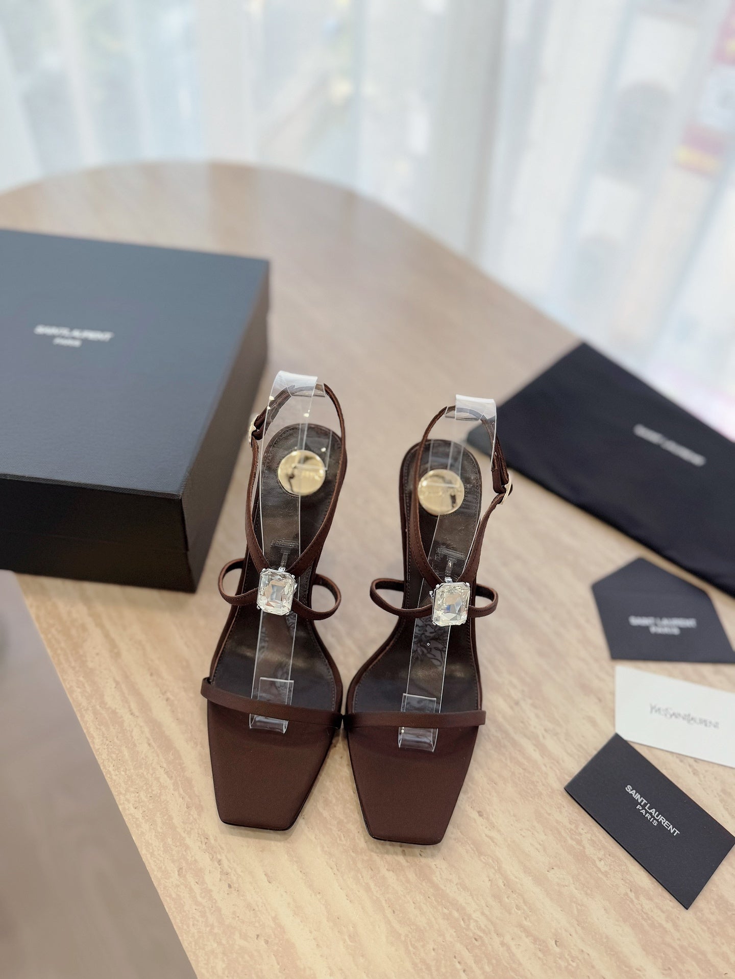 LOUIS VUITTON HIGH HEEL SANDAL 10 CM IN CHOCOLATE BROWN SATIN CREPE AND CRYSTAL