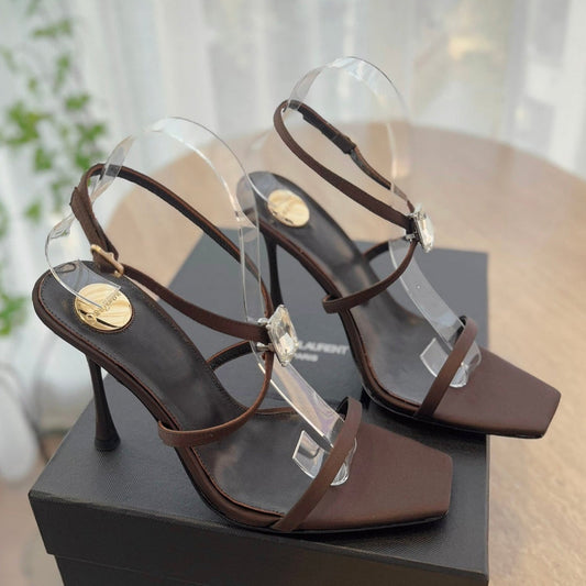 LOUIS VUITTON HIGH HEEL SANDAL 10 CM IN CHOCOLATE BROWN SATIN CREPE AND CRYSTAL