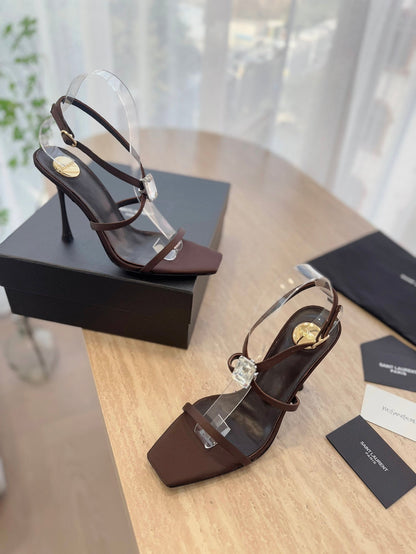 LOUIS VUITTON HIGH HEEL SANDAL 10 CM IN CHOCOLATE BROWN SATIN CREPE AND CRYSTAL