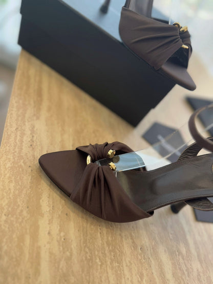 LOUIS VUITTON LOLA SANDAL 10 CM IN CHOCOLATE BROWN VISCOSE AND SILK
