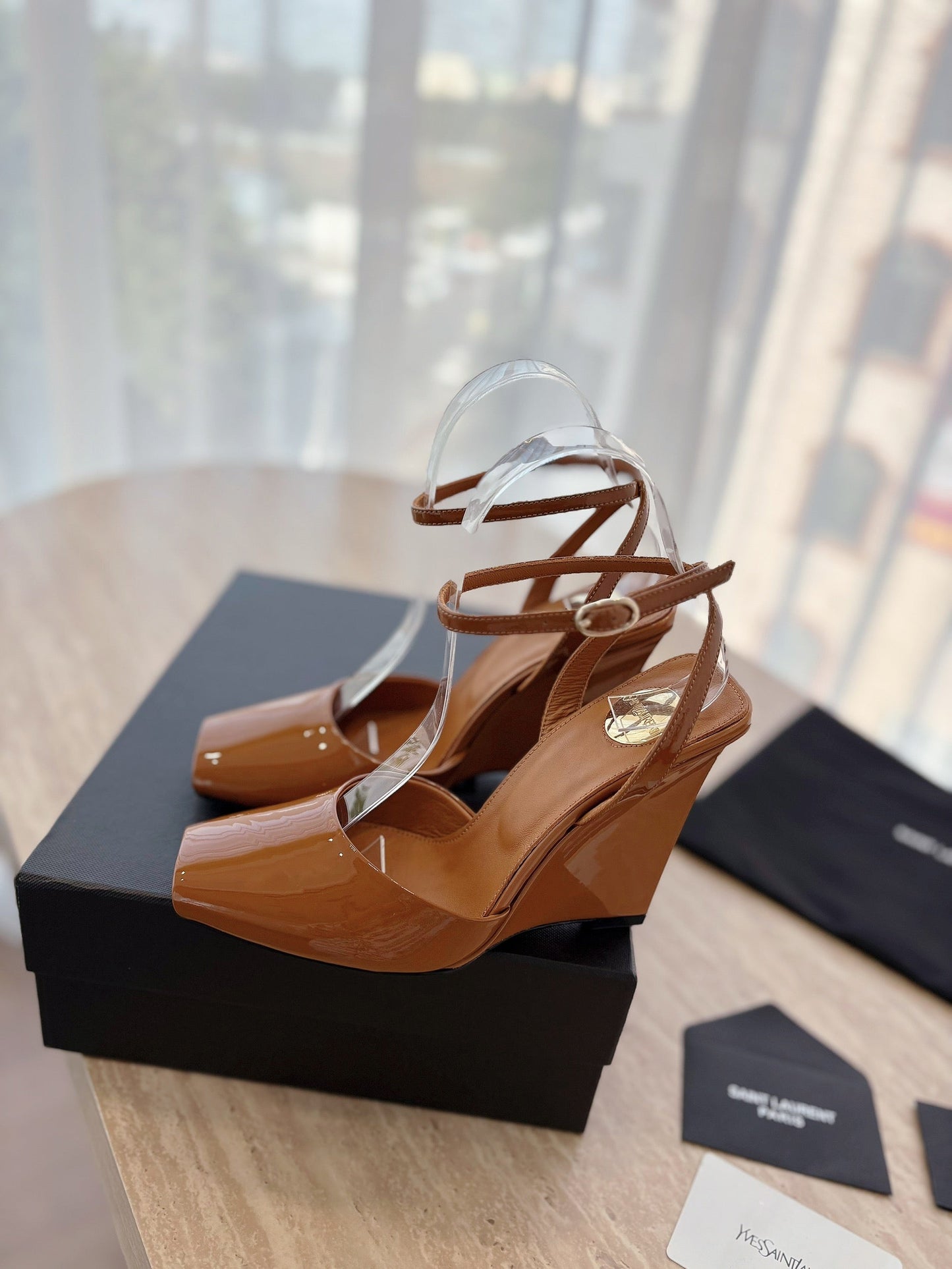 LOUIS VUITTON LA SCANDALE HIGH 10 CM WEDGE SANDALS IN BRONZE BROWN PATENT LEATHER