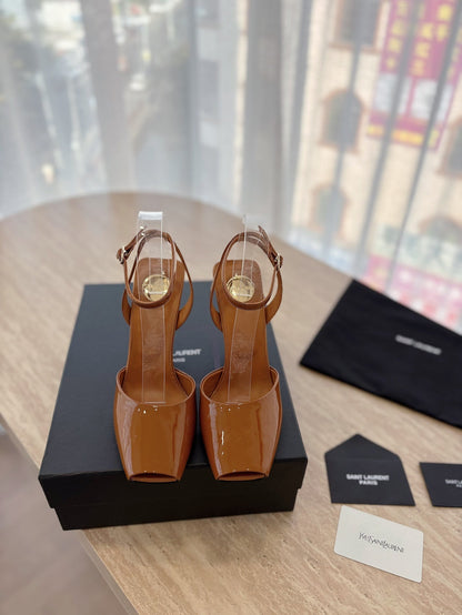 LOUIS VUITTON LA SCANDALE HIGH 10 CM WEDGE SANDALS IN BRONZE BROWN PATENT LEATHER