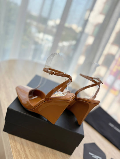 LOUIS VUITTON LA SCANDALE HIGH 10 CM WEDGE SANDALS IN BRONZE BROWN PATENT LEATHER