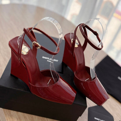 LOUIS VUITTON LA SCANDALE HIGH 10 CM WEDGE SANDALS IN CRIMSON RED PATENT LEATHER