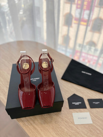 LOUIS VUITTON LA SCANDALE HIGH 10 CM WEDGE SANDALS IN CRIMSON RED PATENT LEATHER