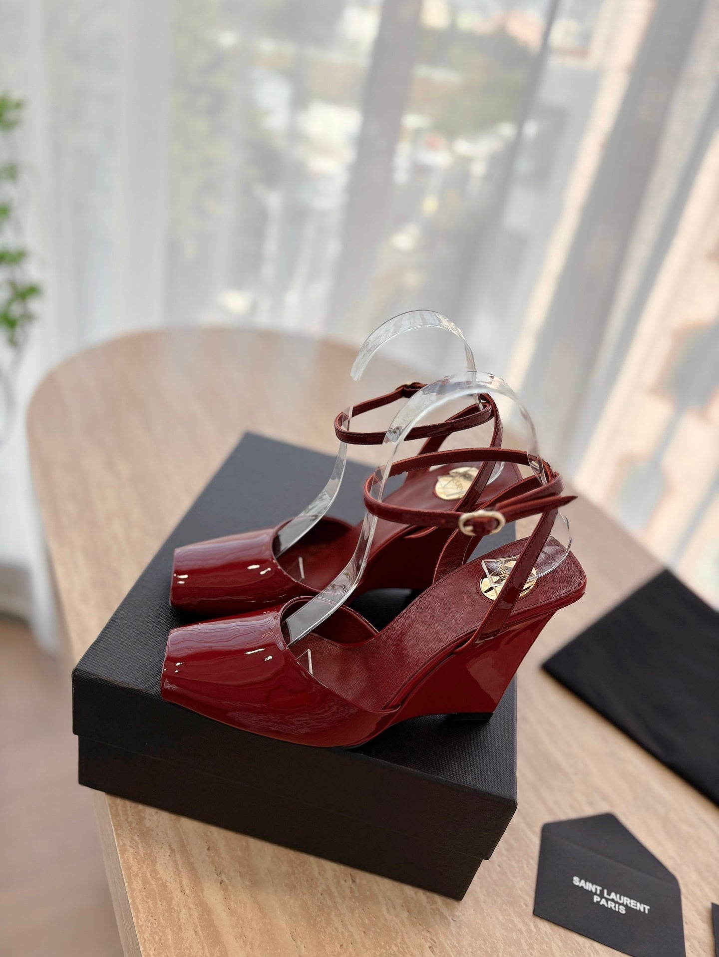 LOUIS VUITTON LA SCANDALE HIGH 10 CM WEDGE SANDALS IN CRIMSON RED PATENT LEATHER