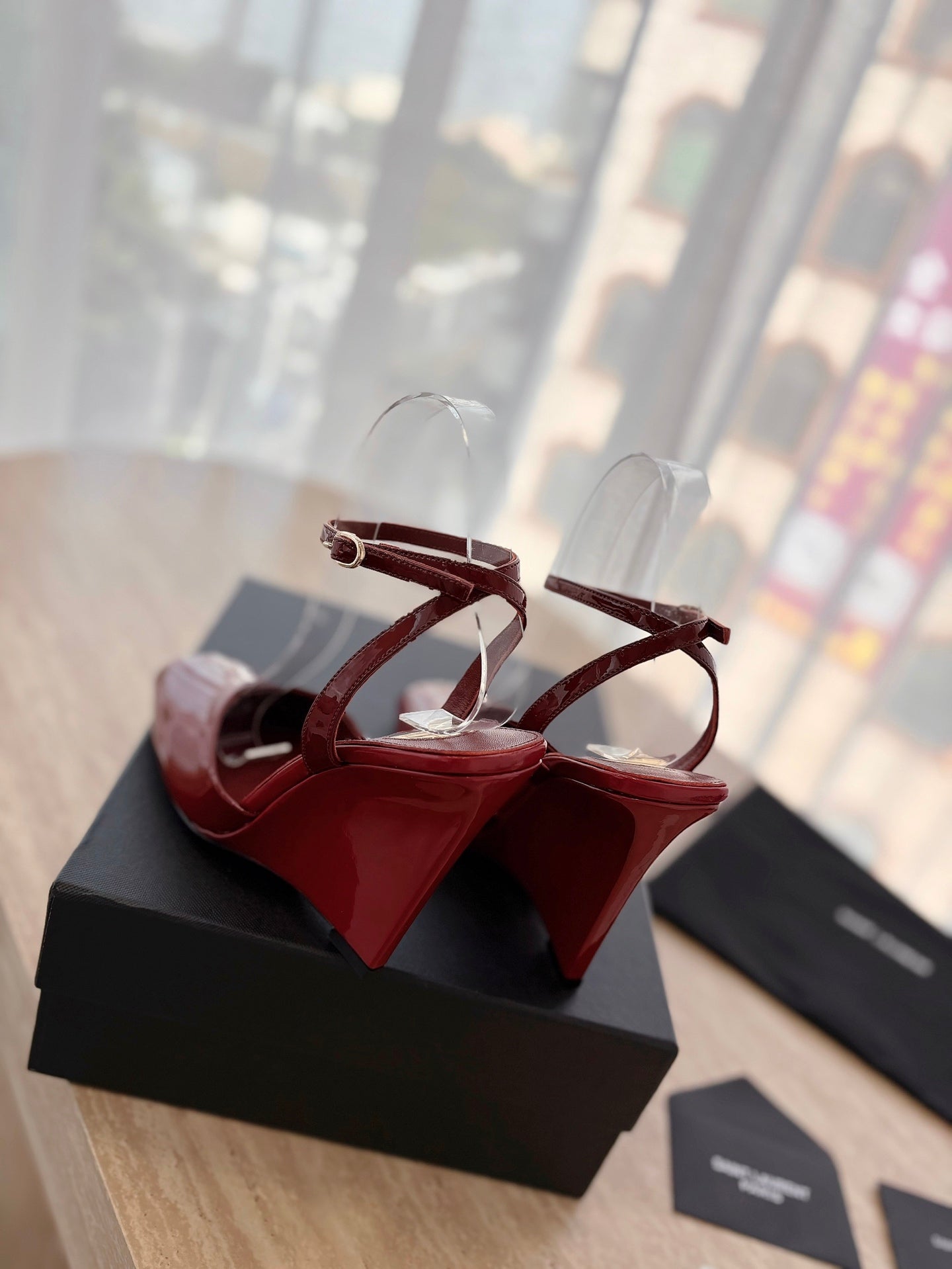 LOUIS VUITTON LA SCANDALE HIGH 10 CM WEDGE SANDALS IN CRIMSON RED PATENT LEATHER