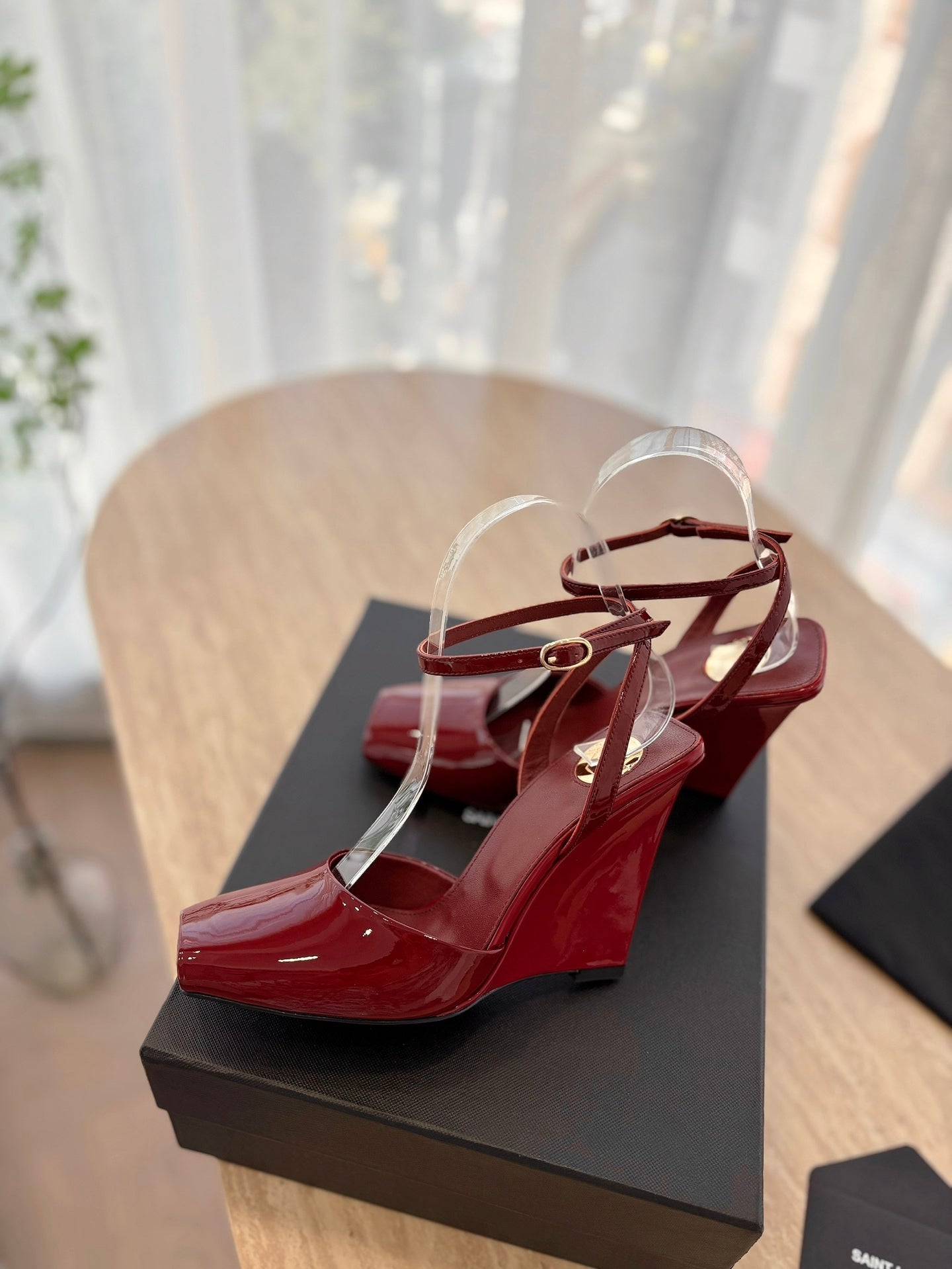 LOUIS VUITTON LA SCANDALE HIGH 10 CM WEDGE SANDALS IN CRIMSON RED PATENT LEATHER