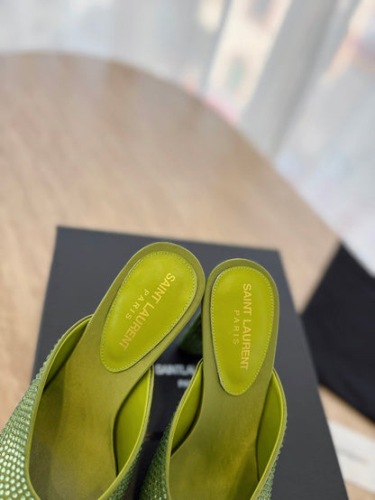 LOUIS VUITTON HIGH HEEL BLONDE MULE 10 CM IN OLIVE GREEN SATIN WITH RHINESTONES