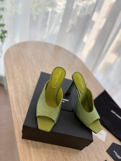 LOUIS VUITTON HIGH HEEL BLONDE MULE 10 CM IN OLIVE GREEN SATIN WITH RHINESTONES